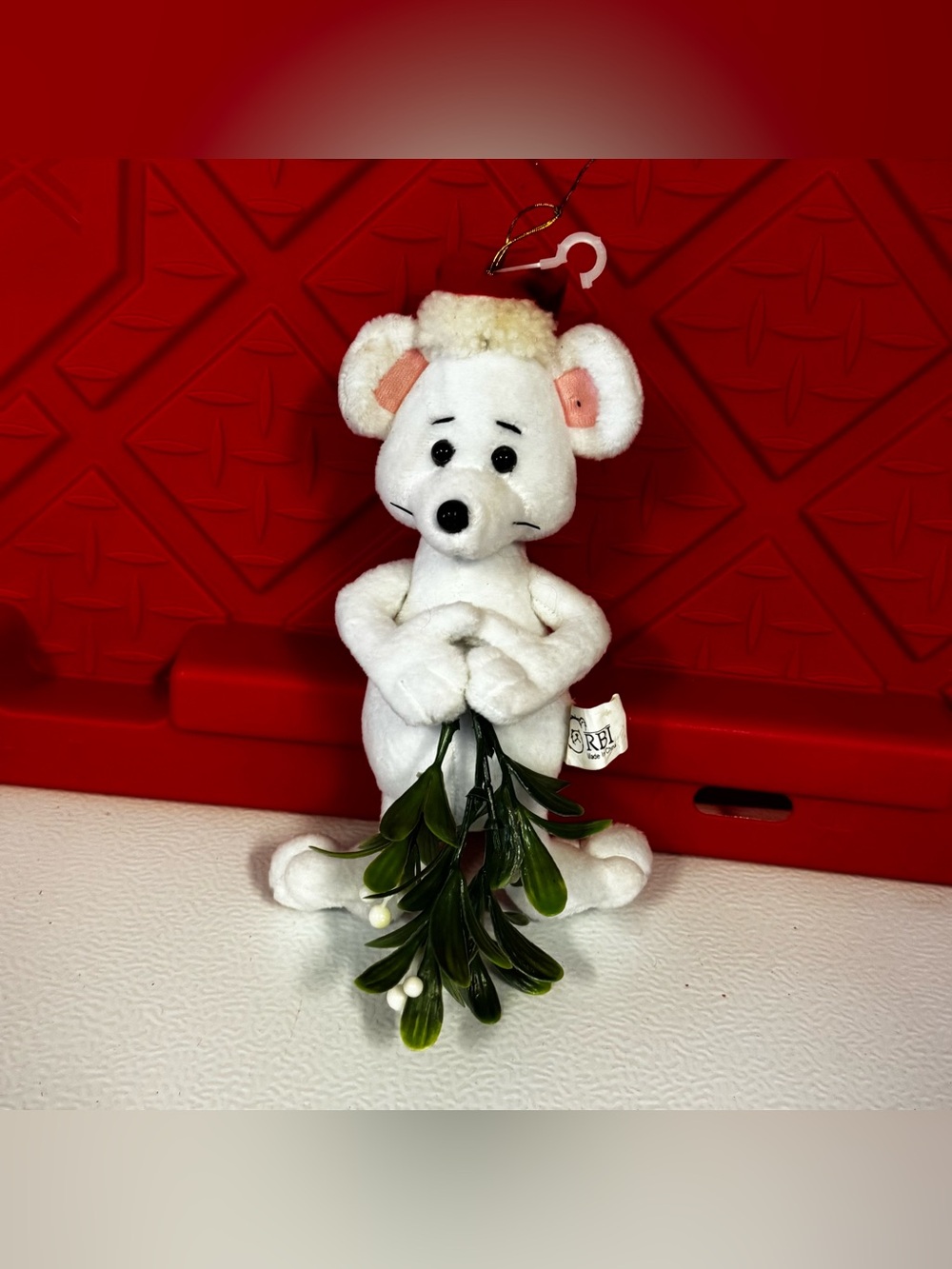 White Plush Mouse Ornament with Mistletoe